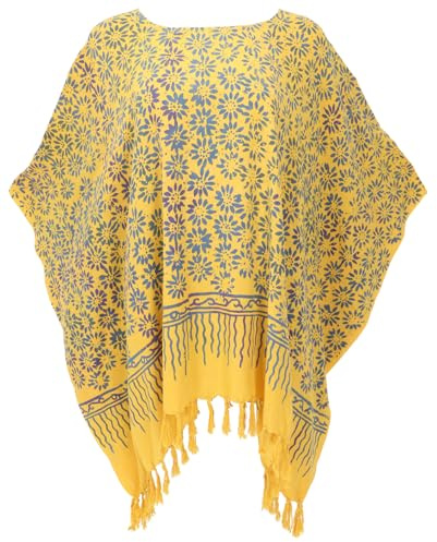 Poncho, Tunika, Batik Kaftan, Damen Übergröße, weit geschnitten, gelb | Batikmuster, 3/4 Ärmel, 100 % Viskose, angenehm zu tragen, ideal für Strand und Alltag