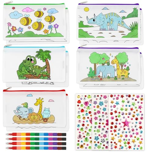 Dinosaurier Federmäppchen zum Bemalen, Tiere Stoffbeutel zum Bemalen, 10 Taschen zum Bemalen+4 Wachsmalstifte Stapelbar (12 Farben in 1), Mitgebsel Bastelset Kindergeburtstag Gastgeschenk für Kinder