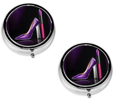 Runde Pillendose mit 3 Fächern, elegante violette High Heels mit Lippenstift, tragbarer Pillendose, Vitamin-Behälter, Reiseutensilien, 4,6 x 4,6 x 1,8 cm