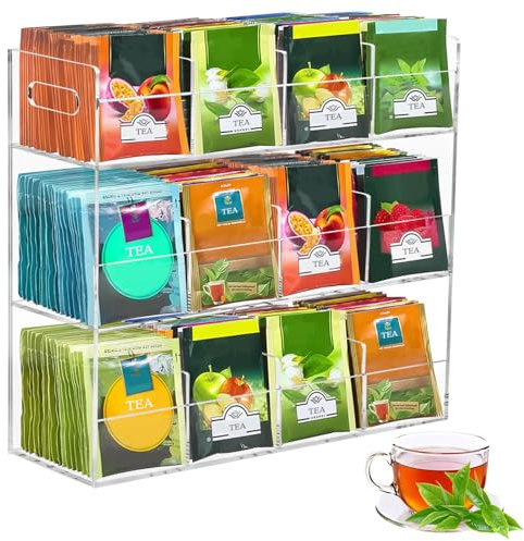Teebeutel Organizer Stehend,Teebox aus Acryl mit 12 Staufächern,Teebeutelorganizer Teebeutelhalter fasst 216 Teebeutel,Teebeutel Aufbewahrung Teeaufbewahrung für Zuhause,Büro,Café für Kaffee,Zucker