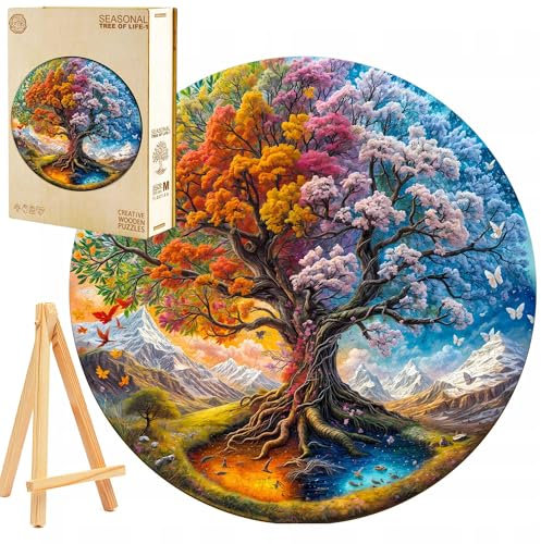 PASJO Holzpuzzle für Erwachsene Baum 4 Jahreszeiten 300 Einzelteile Holzschachtel Mini-Staffelei Wooden Puzzle Naturmotiv Wanddeko