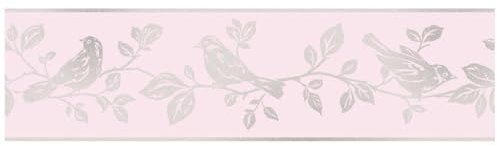 YöL Glitz Glitter Leaf and Birds Branch - Pink Silver Sparkle - Contemporary Versatile Modern - Paste The Paper Wallpaper Border - Elegant Sophisticated Tranquil