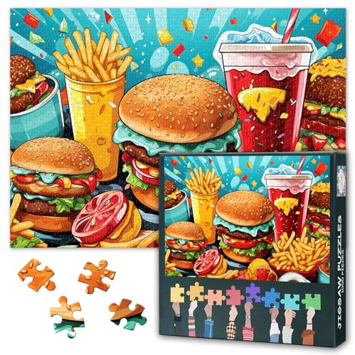 Kulinarisches Puzzle 1000 Teile - Hamburger mit Pommes Frites, 50x70 cm Detailreiches Motiv für gesellige Puzzle-Abende