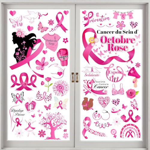 DPKOW 9 Feuilles Octobre Rose Décorations Fenêtre Autocollants pour Cancer du Sein d'Octobre Rose Stickers Vitre Décorations Affiche Fenêtre Porte Activité Publique Octobre Rose
