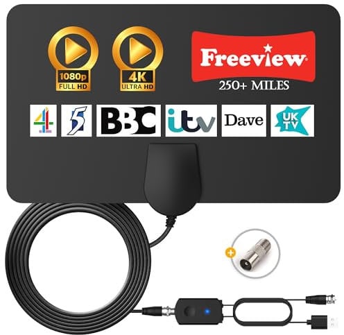 Antenna TV aggiornata 2025, antenna TV digitale da interni per TV Freeview, amplificata per interni con booster 250+ ricezione a lungo raggio