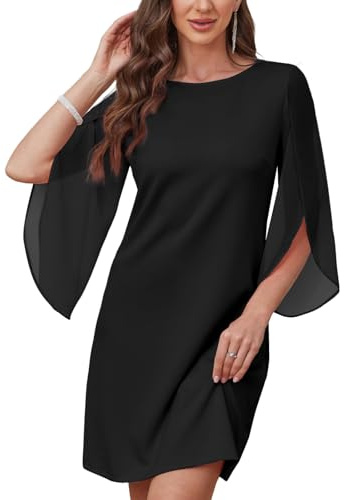 AOWVUTS Women Elegant Cocktail Dresses A Line Chiffon Shift Dresses 3/4 Sleeve Crew Neck Midi Ocassion Dress Flutter Sleeve Formal Trendy Party Wedding Guest Evening Dress