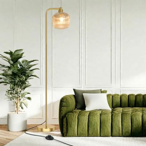 BTTO Floor Lamps for Living Room, Vintage Standing Lamp with Glass Lampshade, 170cm Gold Tall Lamps Standard Lamps with Foot Switch for Bedroom, Living Room, Office, E27 Sockets (Bulb Included)