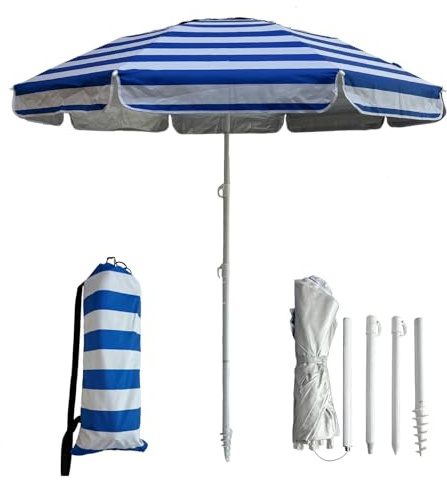 LOTTAFUN 6ft Beach Umbrella - Heavy Duty Wind Resistant UV 50+ Portable Sun Shade with Sand Anchor & Carry Bag, Outdoor Folding Umbrella for Beach, Pool, Patio, Garden (Blue strip)