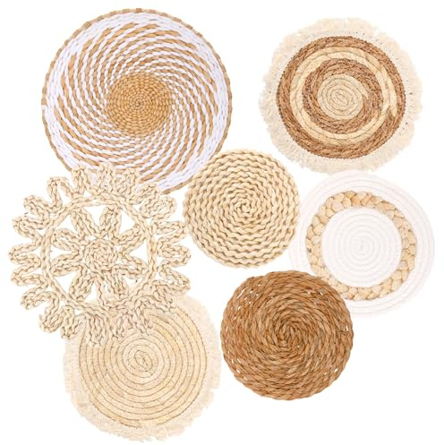 SYUTBOU 7er Set Boho Wandkorb, Wandkorbdekoration, Rattan Wandkörbe Deko für Wohnzimmer, Schlafzimmer