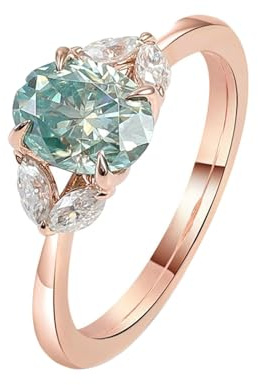 Stfery 18K Rose Gold Ring for Women, 3ct Blue Green Moissanite Gemstone Wedding Band Ring Real Gold Size Q 1/2