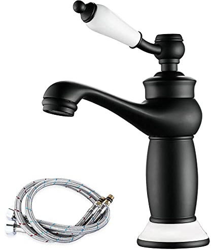 Maynosi Traditioneller Wasserhahn Bad, Retro Viktorianische Waschtischarmatur mit Keramikgriff, Vintage Einhand Waschtischbatterie mit Flexiblem Wasserhahn, Messing (Schwarz)