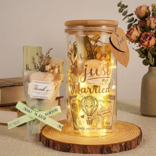 Wriligel LED Light-Up Wedding Bottle, Wedding Gifts for Bride and Groom, with Dried Flower Bouquet LED String Lights and Heart Pendant, Romantic Decoration and Unique Gift for Newlyweds