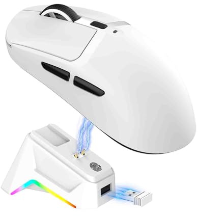 Plyisty Souris Gaming sans Fil, avec Station De Recharge Magnétique RGB, Triple Mode 2,4 Ghz/BT/Filaire, 12 000 DPI, 6 Boutons Programmables, Autonomie Jusqu'à 70 Heures, 58,2 G (White)