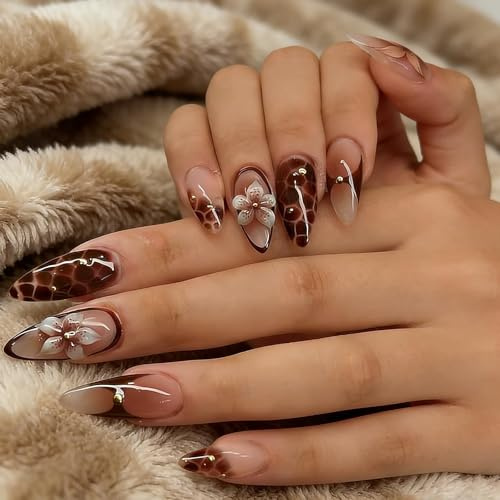 Brown Press on Nails Almond False Nails, Stick On Nails Brown, Almond Press On Nail with 3d Floral, Removable Glossy Artificial Nail Full Cover for Women and Girls