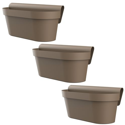 Engelland - 3 x Balkonkasten für Geländer & Zaun, Braun, Blumentopf mit Wasserspeicher, Blumenkasten zum EIN-Hängen, Balkontopf, Pflanzkasten, 49 x 20,5 x 23 cm, Außenbereich, Kunststoff