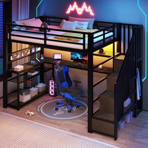 ZIDEY Gaming-Hochbett as Metall 90x200 mit LED, Treppe, Schreibtisch und Regal, Metall Kinderbett mit Kleiderschrank, Funktionsbett Stockbett, ohne Matratze, Schwarz