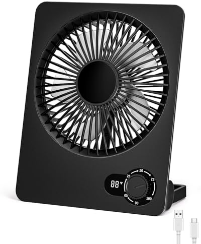 Foumteex Klein Tischventilator,Leise Ventilator Akku 180°Einstellbar Tragbarer LED Anzeige Fan Für Büro Bibliothek Reise USB-Aufladung violett Lüfter (Schwarz)