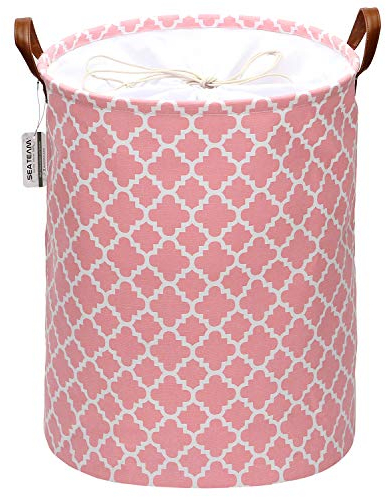 Sea Team Wäschekorb, marokkanisches Gittermuster, Wäschesammler, Leinenstoff, faltbarer Aufbewahrungskorb mit PU-Ledergriffen und Kordelzug-Verschluss, wasserfestes Innenfutter, Gitter Pink, Large