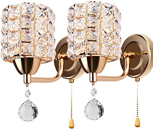 ALLOMN Moderne Wandleuchte, Kristall Pendelleuchte Schlafzimmer Gang Wohnzimmer Wandleuchte mit Leistung Ziehen Schalter E14 Steckdose (keine Lampe Enthalten) (Golden, 2 PCS)