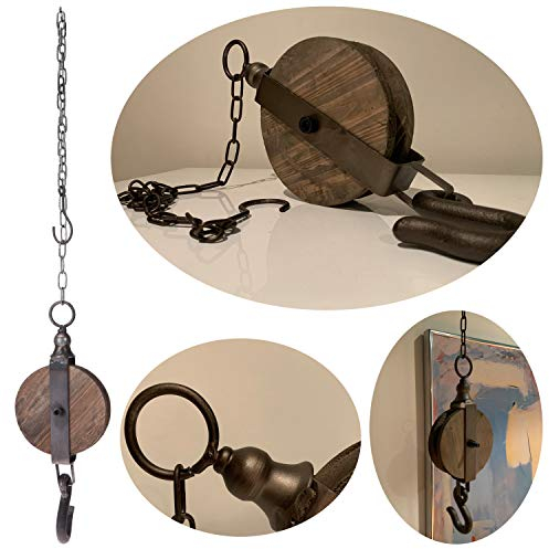 LS-LebenStil Vintage Loft Flaschenzug Rund - 32cm - Braun Schwarz - Holz Schiffsblock - Metall-Kette max. 66cm - Haken Deckenhaken Wandhaken zum Aufhängen für Lampen Pflanzen Blumen Deko Dekoration