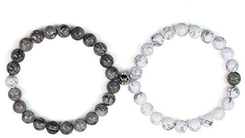 COAI Geschenkideen Ying und Yang Armbänder aus Map Jasper Karte Jaspis und Howlith mit 925 Sterling Silber Magnet Charm für Pärchen