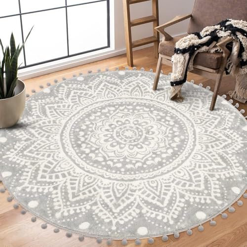 Uphome Boho runder Teppich für Wohnzimmer, 10,2 cm, runder Grauer Mandala-Teppich mit Pompons, Fransen, waschbar, niedlicher Bohemian-Akzent, Überwurf, Teppiche, rutschfest, weiche Bodenmatte für