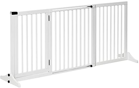 PawHut Barrière de sécurité Chien barrière autoportante Longueur réglable Porte verrouillable intégrée dim. 113-166L x 36l x 71H cm pin Blanc