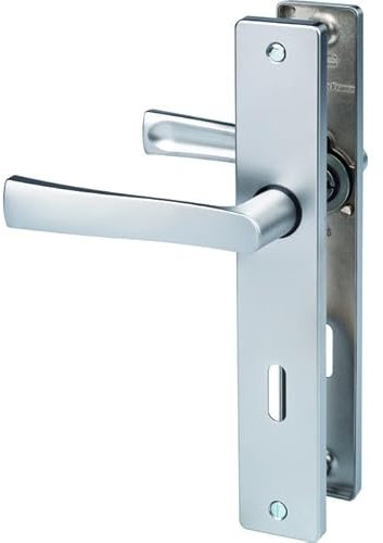 Vachette Poignée de Porte sur Grande Plaque FLEX - Version Cle L pour Porte de Chambre/Bureau, Entraxe 195 mm - Système de Pose Facile - en Zamak Résistant - Finition Chrome Satin - Garantie 10 Ans