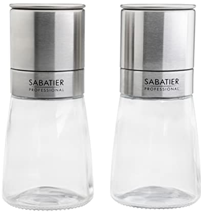 Sabatier Salt and Pepper Set - Marseille Stainless Steel Refillable Grinder for Kitchen Cooking. Refill with Table Or Himalayan Salt, Spices for Seasoning and Serving Food. Hand Grinder Utensil.