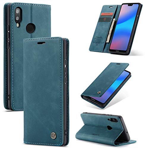 CaseMe Cover per Huawei P20 Lite, Magnetica Cover a Libro con Slot per Schede, Custodia in PU Pelle Portafoglio per Huawei P20 Lite, Blu