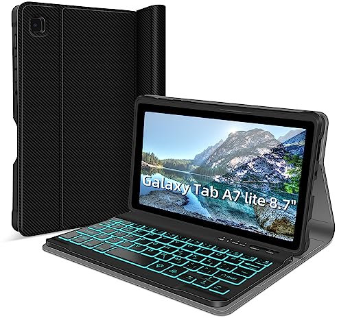 Étui avec clavier rétroéclairé pour Samsung Galaxy Tab A7 Lite 8,7 2021, étui avec clavier pour A7 Lite SM-T220/T225/T227, clavier Bluetooth amovible, adapté aux voyages et au bureau mobile, noir