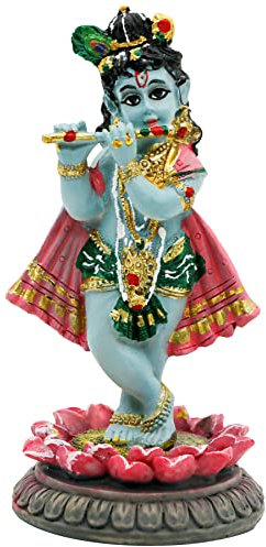 alikiki Indisches Idol Krishna God Statue – 9,9 cm H Hindu-Murti Idol Little Krishna Play Flöte Skulptur für Home Office Tempel Mandir Altar Pooja Artikel Diwali Puja Figur