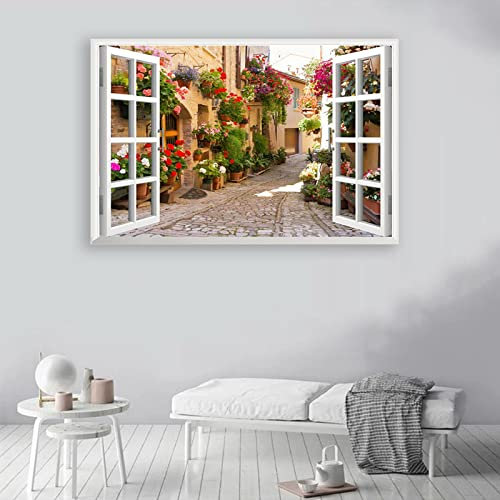 Mondi Art Store Vista finestra aperta effetto 3D. paesaggio di vicolo della città Dipinto.Finestra finta a tema Paesaggio. Quadro da parete per soggiorno 80x120 cm (31,5x47,3) senza cornice