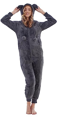 Keanu Womens Thick Snuggle Hooded Onesie - Luxury Warm Fleece Novelty Onesie with Pom Poms - Rose Gold, Snow Grey & Black - Sizes 8-20