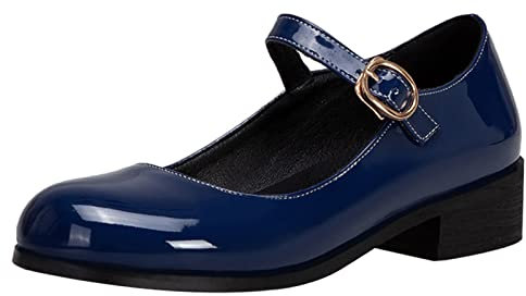 Bviennic Donna Scuola Tacco Medio Vernice Mary Jane Scarpe Punta Rotonda Comodo con Cinturino alla Caviglia Tacco A Blocco Pump Formal Estate Scarpe Blu Numero 38 Eu-39Cn