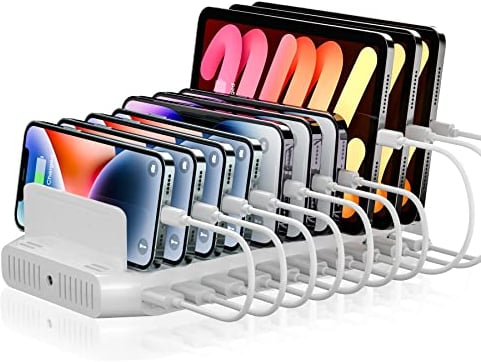 Alxum 60W 10 Puertos USB Estación de Carga para Múltiples Dispositivos, Base Carga Multi USB con Salida de 5V/2.4A para Teléfono, Tablet y Más, Blanco