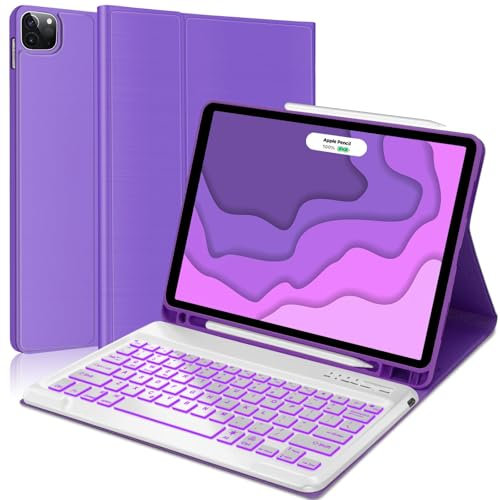 YEHOBU iPad Pro 12.9 Case with Keyboard, Keyboard for iPad Pro 12.9 inch 6th 2022 & 5th 2021 & 4th 2020 & 3rd 2018 Generation, Backlit Detachable Keyboard with Pencil Holder, Smart Folio Cover, Purple