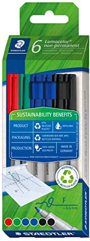 STAEDTLER Universalstift non-permanent Lumocolor, wasserlöslich, nachfüllbar, Linienbreite 0,6 mm, recyceltes Plastik, lange Lebensdauer, 6 Marker in sortierten Farben, 316 C6-1