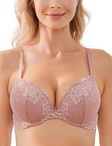 Wingslove Damen Push Up BH mit Floraler Spitze gepolsterter Bügel BH Komfort BH (Rosa Braun, 85C)
