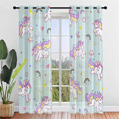 Hiseng Voile Vorhänge mit Ösen Durchsichtig Halbtransparent Ösenvorhang für Fenster Wohnzimmer Schlafzimmer Einhorn Druck Moderne Elegante Transparent Gardine 2er Set (132x160cm,Kronen Einhorn)