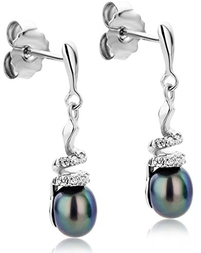 Orovi Schmuck Damen Perlen Ohrhänger mit runde schwarze Süßwasser Zuchtperlen umgeben von weißen Zirkonia in Brillantschliff Zeitlose moderne Perlen Ohrringe aus 925 Sterling Silber