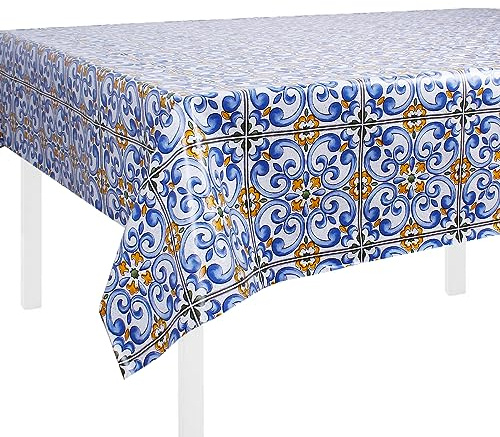 SaRani Fleckabweisende Tischdecke aus Kunststoff, gewachst, Majoliken-Muster, Fliesen (320 x 140 cm)