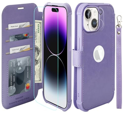 VANAVAGY Handyhülle für iPhone 15 Hülle für Frauen und Männer,Leder Stoßfest Flip Case mit Drahtloser Aufladung und RFID-Blockierung für Apple 15 (6,1 Zoll), Nelke Violett