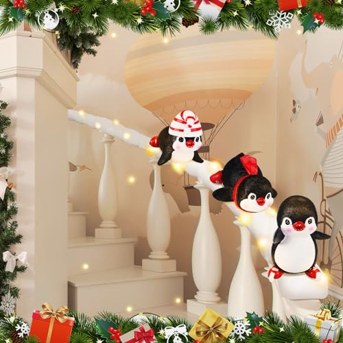 Liliful 3 Stück Pinguin Treppe Urlaub Dekoration Harz Pinguin Dekor Schiebe-Winterpinguine im Schnee-Teppich mit LED-Lichtern und 20 Bändern für Weihnachten Handlauf Dekoration Geländer Treppe