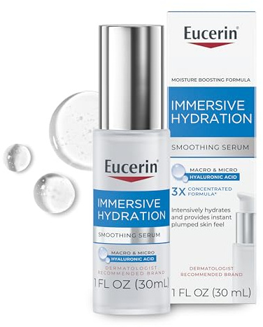 Eucerin Immersive Hydration Smoothing Face Serum, Ultra-Lightweight Hyaluronic Acid Serum Reduces the Look of Fine Lines and Wrinkles, 1 Fl Oz Bottle