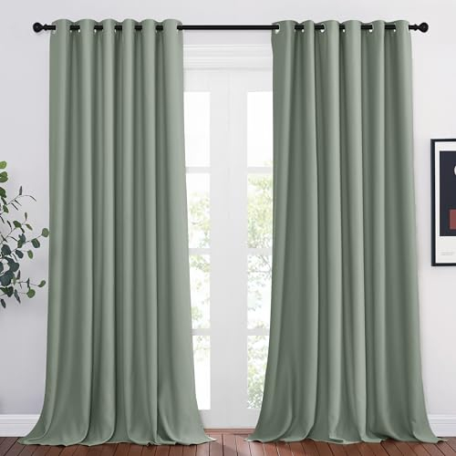 PONY DANCE Extra Breite Vorhänge Wärmeisolierend Ösenvorhang Blickdicht 2er Set H 245 x B 200 cm Thermogardinen mit Ösen Verdunklungsvorhänge Wohnzimmer Gardinen Salbeigrün