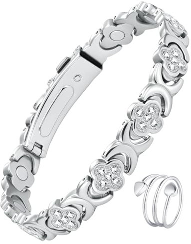 Jecanori Women's Magnetic Bracelet - Titanium Steel with 3800 Gauss Magnets - Adjustable Length Wristband, Comes in Gift Box, Clover-Silver