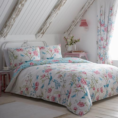 Dreams & Drapes Bettbezug mit Gartenblumen, Schmetterlingen und Vögeln, wendbares Design (2 Farben), pflegeleicht und waschbar, Vintage-Blumen-Bettwäsche in Blau – Weiß/Blau mit Blumenmuster