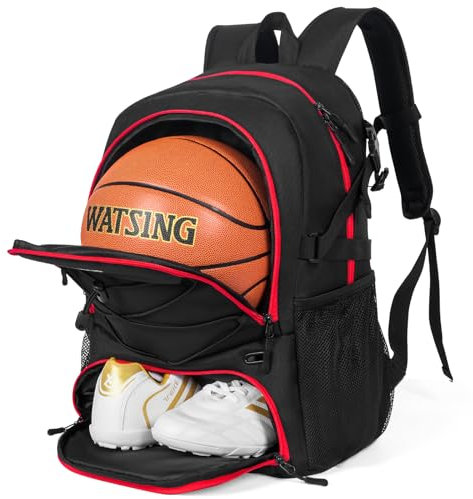 GRANDUP Basketball-Rucksack mit Ball- und Schuhfach, passend für Volleyball, Fußball, Schwimmen, Fitnessstudio, Reisen und Schule, große Kapazität für Sporttrainingsgeräte, Schwarz mit rotem