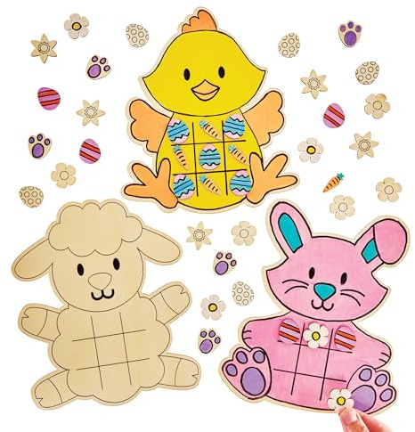 Baker Ross FX972 Oster-Tic Tac Toe-Holz-Bastelsets - Packung mit 4, Oster-Bastelsets für Kinder
